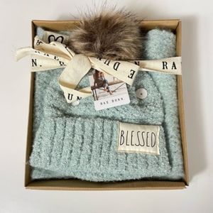 New Rae Dunn Blessed Hat and Scarf Set In Box Blue Turquoise
